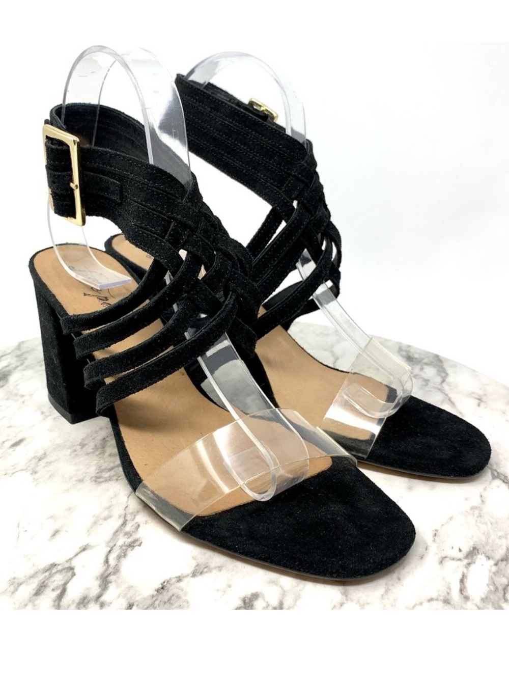 Free People Clear Toe Criss Cross Black Suede Sandals 38 Cocktail Edgy Alt Boho